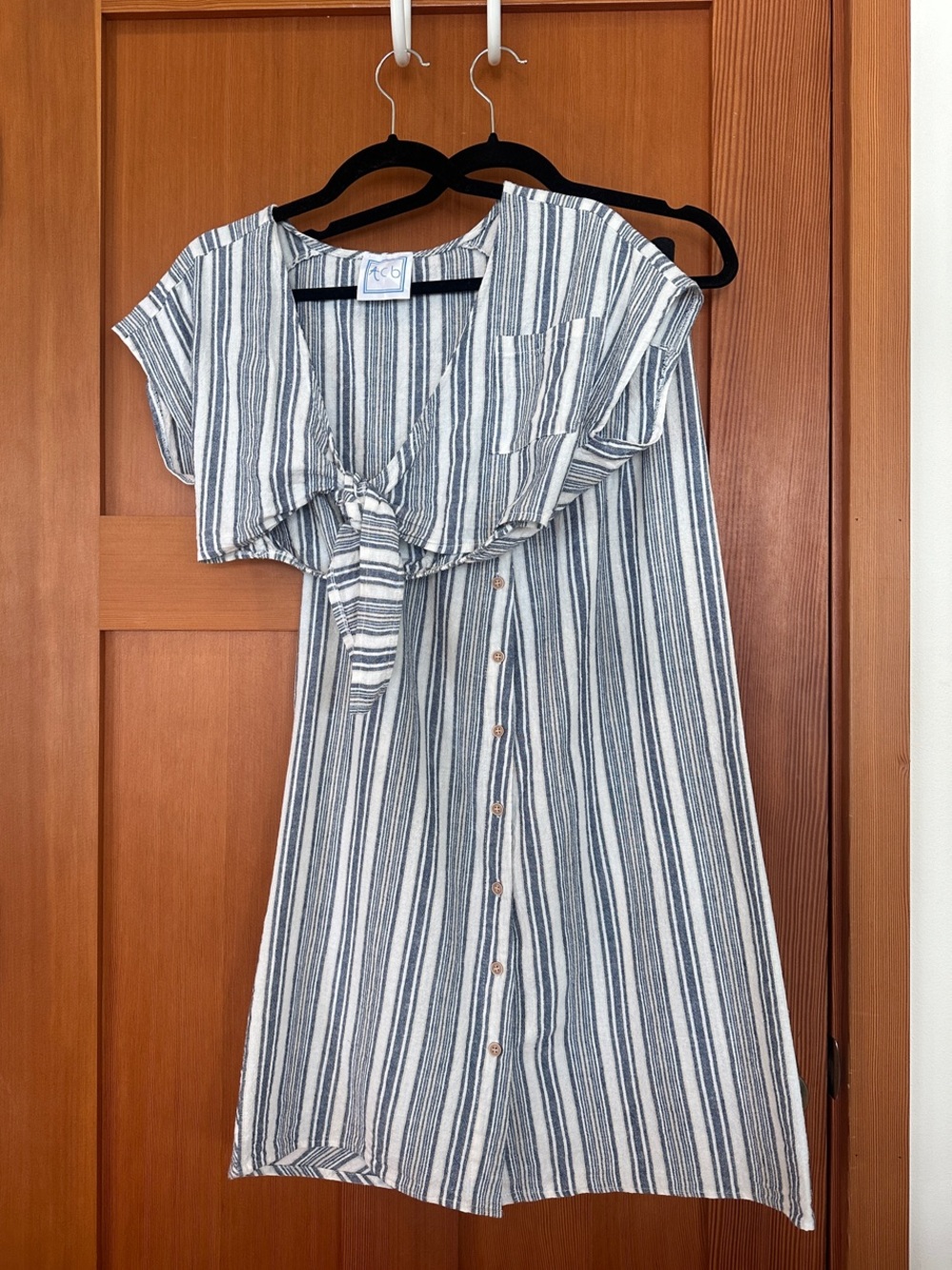 Striped Tie-Front Top and Skirt Set - Blue & White